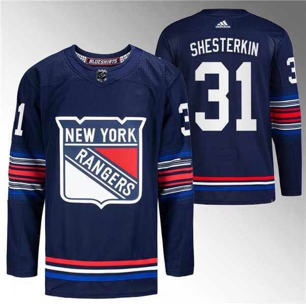 Mens New York Rangers #31 Igor Shesterkin Navy Stitched Jersey Dzhi->new york rangers->NHL Jersey